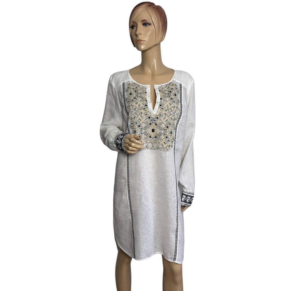 120% Lino White Linen Embroidered Tunic Dress 40